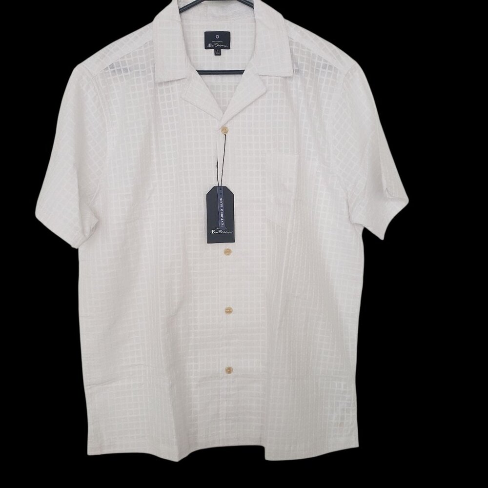Ben Sherman Men's Textured Slub SS Button Down Cotton Shirt‎ White Size L NWT